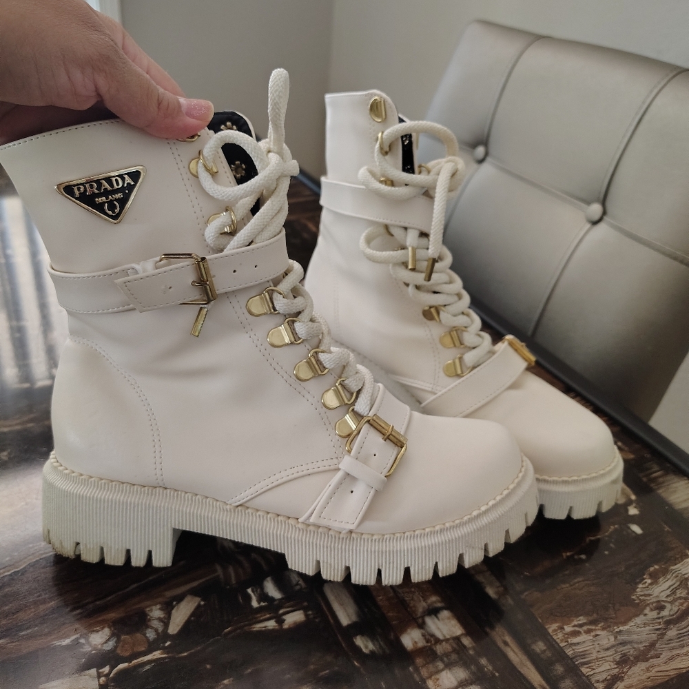 Prada Women's White Combat Boots with Gold Hardware